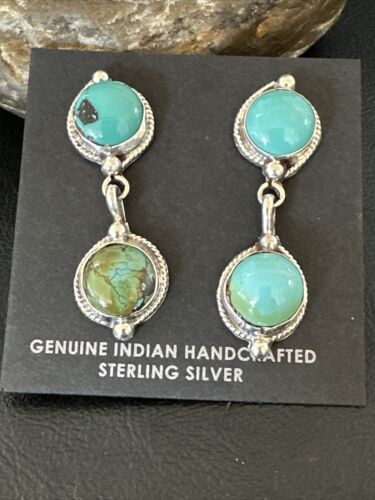 Navajo Blue Green Turquoise Dangle Earrings | Sterling Silver | 1.5" | Authentic Native American Handmade | 17387