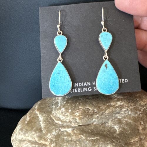 Navajo Blue Kingman Turquoise Dangle Earrings | Sterling Silver | Authentic Native American Handmade | 15110