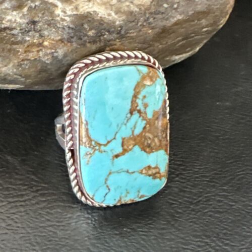 Men's Blue Turquoise #8 Navajo Ring | Sterling Silver | Sz 10.5 | Authentic Native American Handmade | 16636