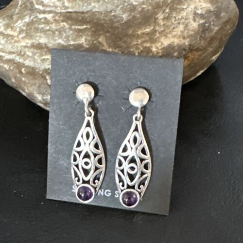 Navajo Purple Amethyst Earrings | Sterling Silver | 1" | Authentic Native American Handmade | 15354