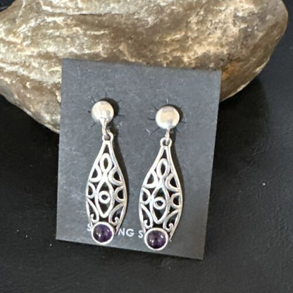 Navajo Purple Amethyst Earrings | Sterling Silver | 1" | Authentic Native American Handmade | 15354