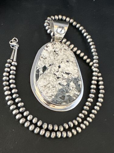 Navajo White Buffalo Turquoise Pendant Necklace | Sterling Silver | Authentic Native American Handmade | 14991
