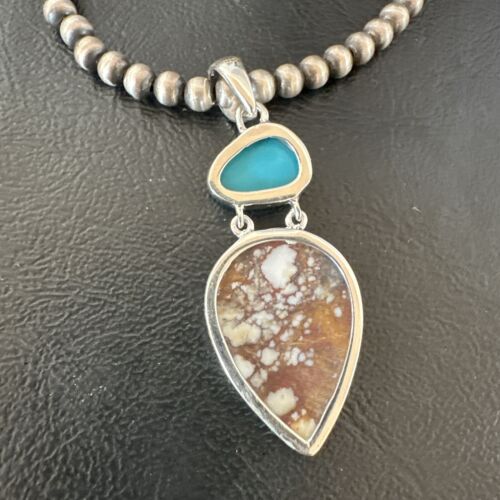 Navajo Wild Horse Blue Kingman Turquoise Necklace | Sterling Silver | Multi-Stone Pendant | 17315