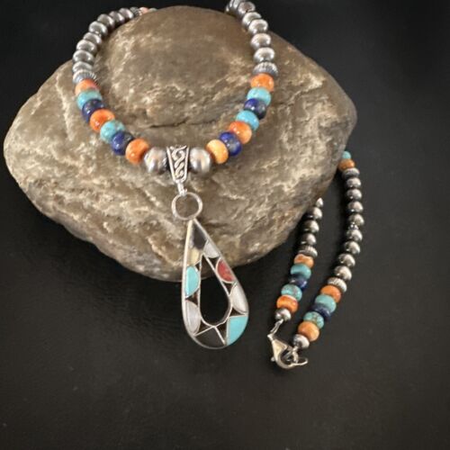 Navajo Spiny Oyster Turquoise Lapis Inlay Pendant Necklace | Sterling Silver | 21" | Authentic Native American Handmade | 16768