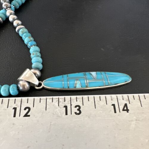 Navajo Blue Kingman Turquoise Opal Inlay Pendant | Sterling Silver Necklace | Authentic Native American Handmade | 16645 - Masha USA
