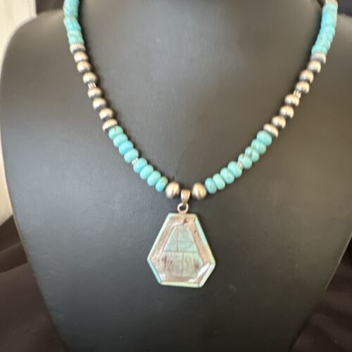 Navajo Turquoise Inlay Pendant Necklace | Sterling Silver | Authentic Native American Handmade | 17076