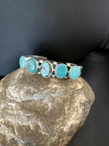 Women's Blue Turquoise 5-Stone Cuff Bracelet | Navajo Sterling Silver | Authentic Native American Jewelry | 16280