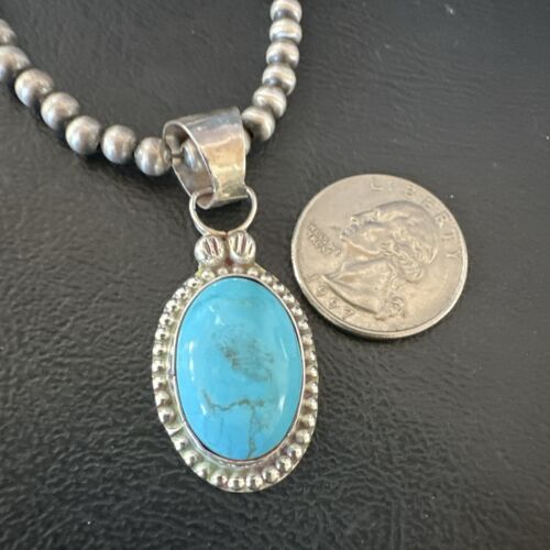 Navajo Pearls Kingman Turquoise Pendant Necklace | Sterling Silver | Authentic Native American Handmade | 17134