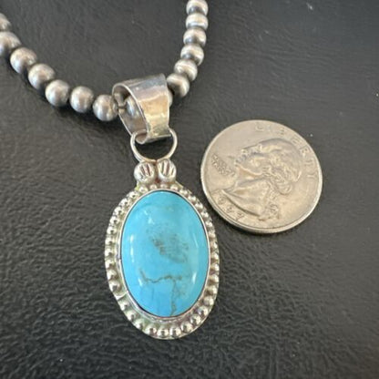Navajo Pearls Kingman Turquoise Pendant Necklace | Sterling Silver | Authentic Native American Handmade | 17134