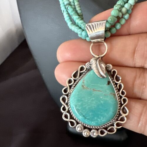 Blue Turquoise Pendant | Navajo Pearls | Sterling Silver Bead Necklace 17" | Multi-Strand | 15993