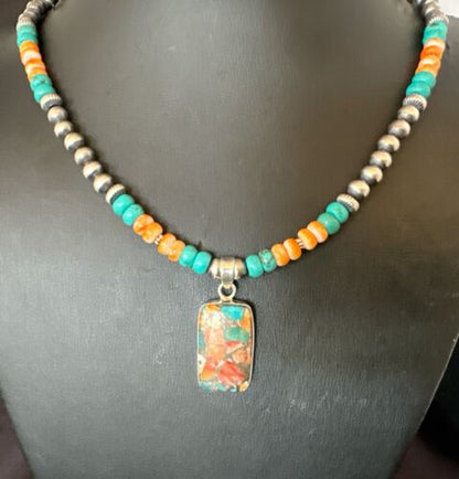 Navajo Spiny Turquoise Pendant Necklace | Sterling Silver | 21" | Authentic Native American Handmade | 17513