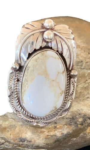 Navajo White Buffalo Turquoise Ring | Sterling Silver | Sz 8 | Authentic Native American Handmade | 01961