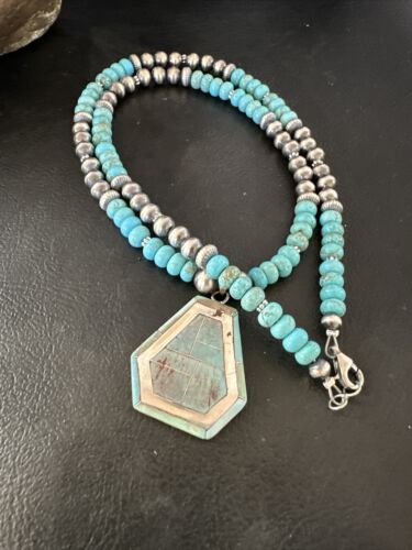 Navajo Turquoise Inlay Pendant Necklace | Sterling Silver | Authentic Native American Handmade | 17076