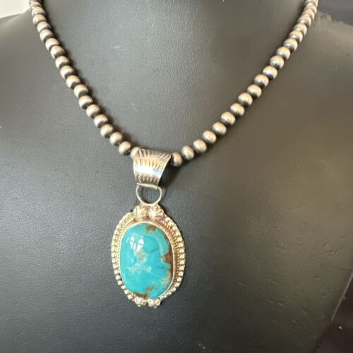 Navajo Pearls Kingman Turquoise Pendant Necklace | Sterling Silver | Authentic Native American Handmade | 17126