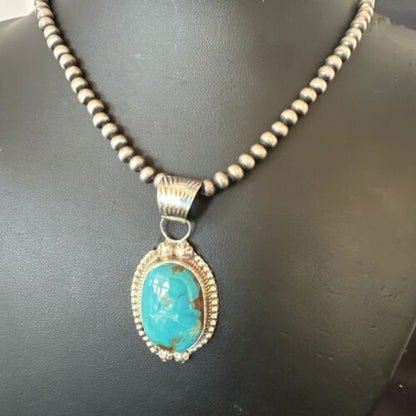 Navajo Pearls Kingman Turquoise Pendant Necklace | Sterling Silver | Authentic Native American Handmade | 17126