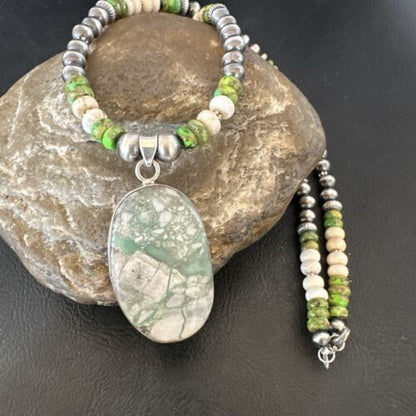 Navajo Green Turquoise Jasper Pendant Necklace | Sterling Silver | Native American Handmade | 16924