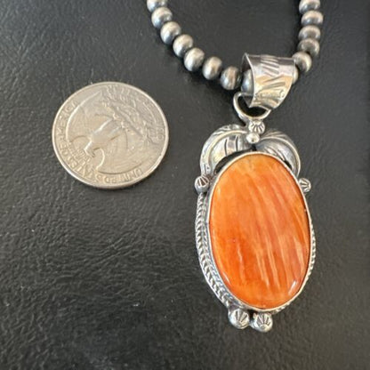 Navajo Orange Spiny Oyster Pendant Necklace | Sterling Silver | Authentic Native American Handmade | 15627