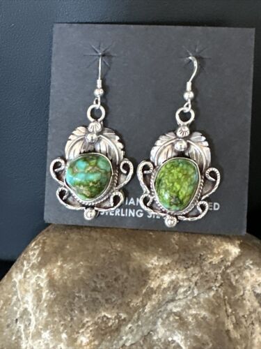 Navajo Green Sonoran Gold Turquoise Dangle Earrings | Sterling Silver | Authentic Native American Handmade | 14914
