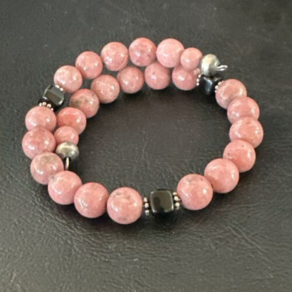 Navajo Pink Rhodochrosite Memory Wire Bracelet | Stainless Steel | Authentic Native American Handmade | 17623