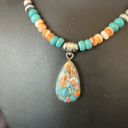 Navajo Spiny Turquoise Pendant Necklace | Sterling Silver | 21" | Authentic Native American Handmade | 17519