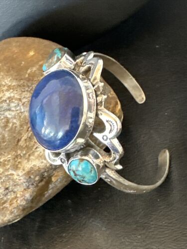 Kingman Turquoise Lapis Cuff Bracelet | Navajo Tufa Cast | Sterling Silver | Authentic Native American Handmade | 16783