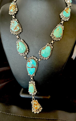 Navajo Blue Turquoise Lariat Necklace | Sterling Silver | 30" | Native American Handmade | 16488