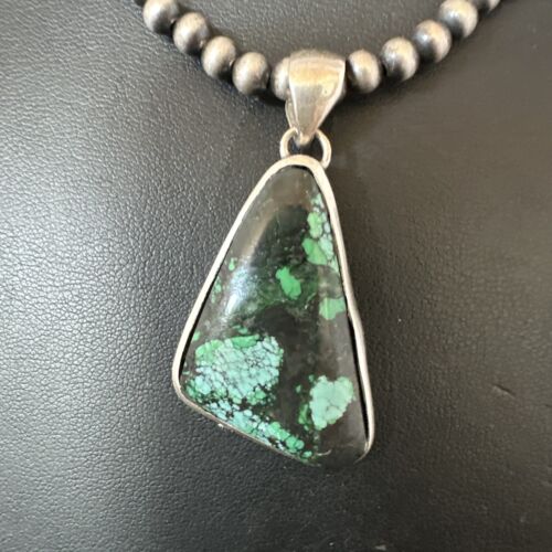 Men's Navajo Sterling Silver Necklace Pendant | Green Spiderweb Turquoise | Authentic Native American Handmade | 16215