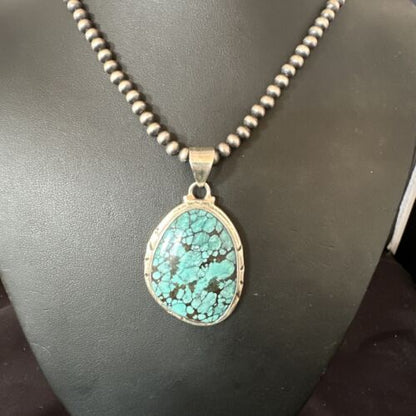Men's Navajo Blue Spiderweb Turquoise Pendant Necklace | Sterling Silver | Authentic Native American Handmade | 16198
