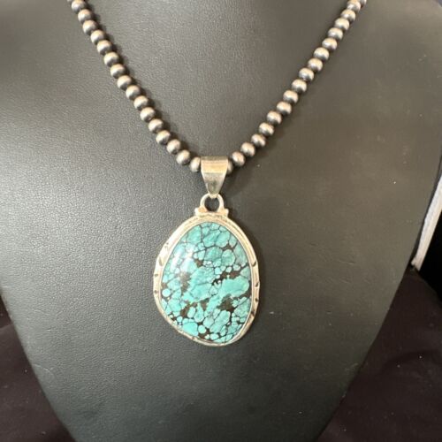 Men's Navajo Blue Spiderweb Turquoise Pendant Necklace | Sterling Silver | Authentic Native American Handmade | 16198