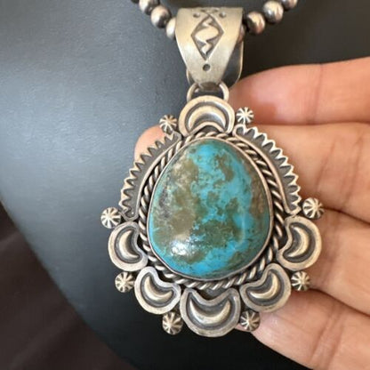 Navajo Blue Kingman Turquoise Pendant Necklace | Sterling Silver | 20" | Authentic Native American Handmade | 16352