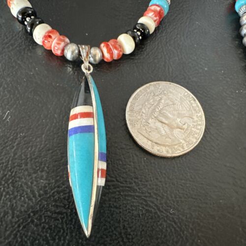 Navajo Turquoise Spiny Oyster Inlay Pendant Necklace | Sterling Silver | Authentic Native American Handmade | 13560