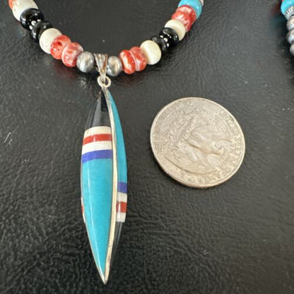 Navajo Turquoise Spiny Oyster Inlay Pendant Necklace | Sterling Silver | Authentic Native American Handmade | 13560