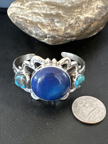 Kingman Turquoise Lapis Cuff Bracelet | Navajo Tufa Cast | Sterling Silver | Authentic Native American Handmade | 16783