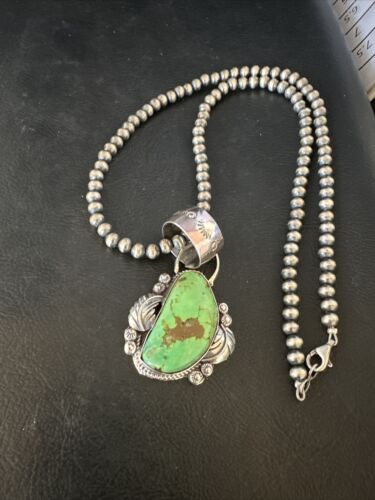 Navajo Green Gaspeite Pendant Necklace | Sterling Silver | Authentic Native American Handmade | 14998