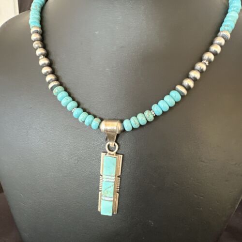 Turquoise #8 Inlay Pendant Necklace | Navajo Sterling Silver | Authentic Native American Handmade | 17073