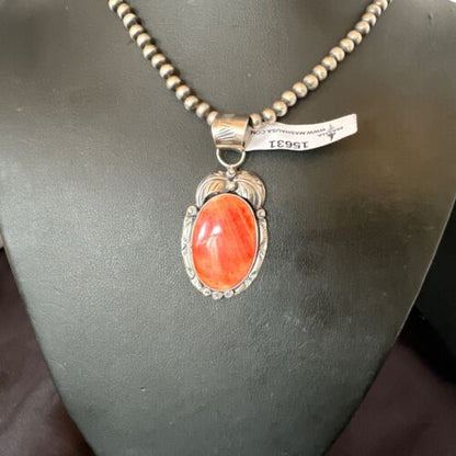 Navajo Orange Spiny Oyster Pendant Necklace | Sterling Silver | Authentic Native American Handmade | 15631