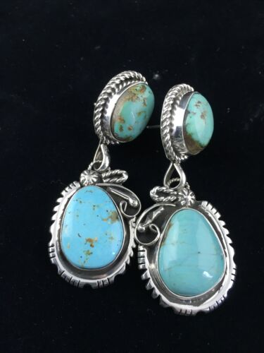 Navajo Kingman Turquoise Dangle Earrings | Sterling Silver | Authentic Native American Handmade | 1764