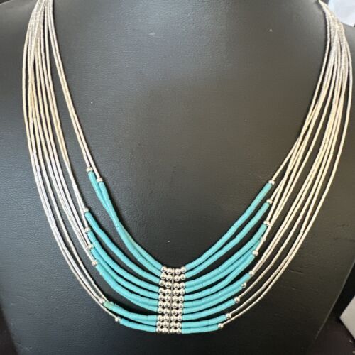 Navajo Blue Turquoise 10-Strand Heishi Necklace | Sterling Liquid Silver Tubes | 22" | 16448