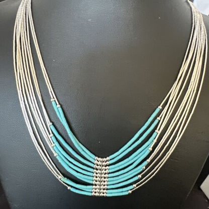 Navajo Blue Turquoise 10-Strand Heishi Necklace | Sterling Liquid Silver Tubes | 22" | 16448