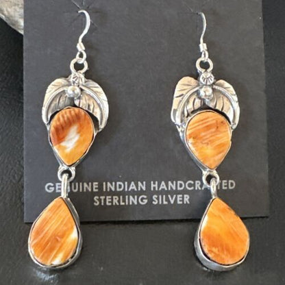 Navajo Orange Spiny Oyster Dangle Earrings | Sterling Silver | 1.5" | Authentic Native American Handmade | 16565