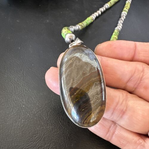 Navajo Green Turquoise Jasper Pendant | Sterling Silver Necklace | Authentic Native American Handmade | 16922