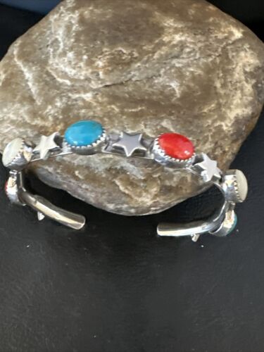 Fourth July Blue Turquoise Coral Mother Of Pearl Navajo Sterling Silver Cuff Bracelet 15338