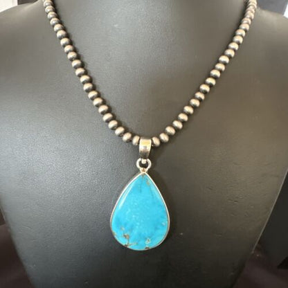 Navajo Blue Kingman Turquoise Pendant Necklace | Sterling Silver | 20" | Authentic Native American Handmade | 16725