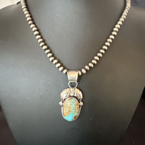 Navajo Blue Boulder Turquoise Necklace Pendant | Sterling Silver | Authentic Native American Handmade | 16139