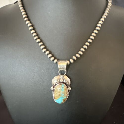 Navajo Blue Boulder Turquoise Necklace Pendant | Sterling Silver | Authentic Native American Handmade | 16139