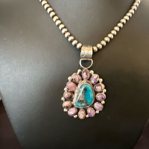 Purple Charoite Turquoise Pendant | Navajo Pearls | Sterling Silver Necklace 21" | Multi-Stone 17190