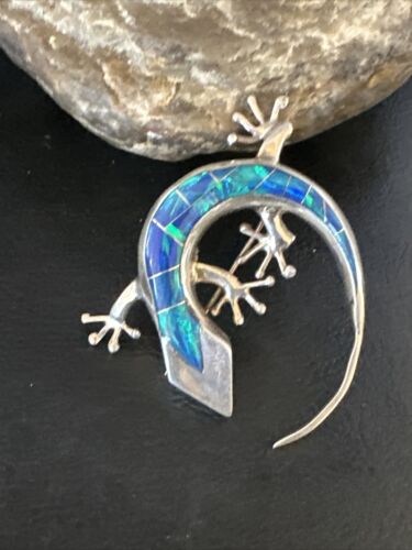 Navajo Blue Opal Lizard Pin Pendant | Inlay Gecko | Sterling Silver | Authentic Native American Handmade | 15194