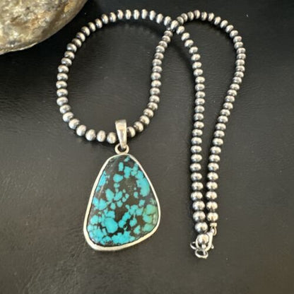 Men's Navajo Blue Spiderweb Turquoise Pendant Necklace | Sterling Silver | Authentic Native American Handmade | 16218