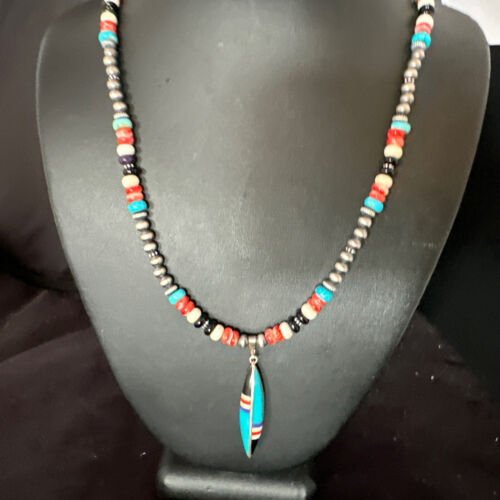 Navajo Turquoise Spiny Oyster Inlay Pendant Necklace | Sterling Silver | Authentic Native American Handmade | 13560
