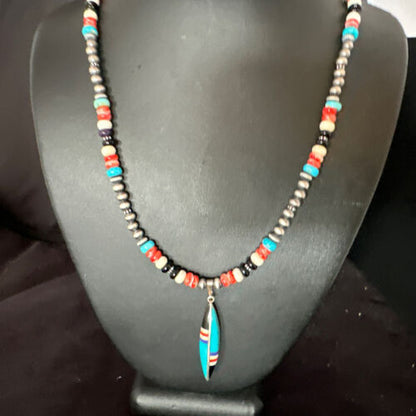 Navajo Turquoise Spiny Oyster Inlay Pendant Necklace | Sterling Silver | Authentic Native American Handmade | 13560